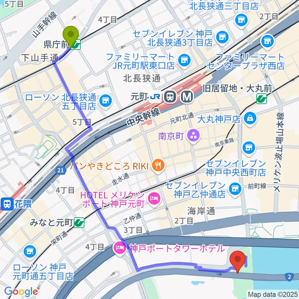 県庁前駅からフィッシュダンス音楽練習場へのルートマップ地図