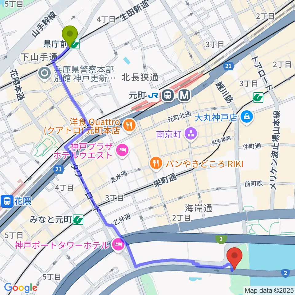 県庁前駅からフィッシュダンス音楽練習場へのルートマップ地図
