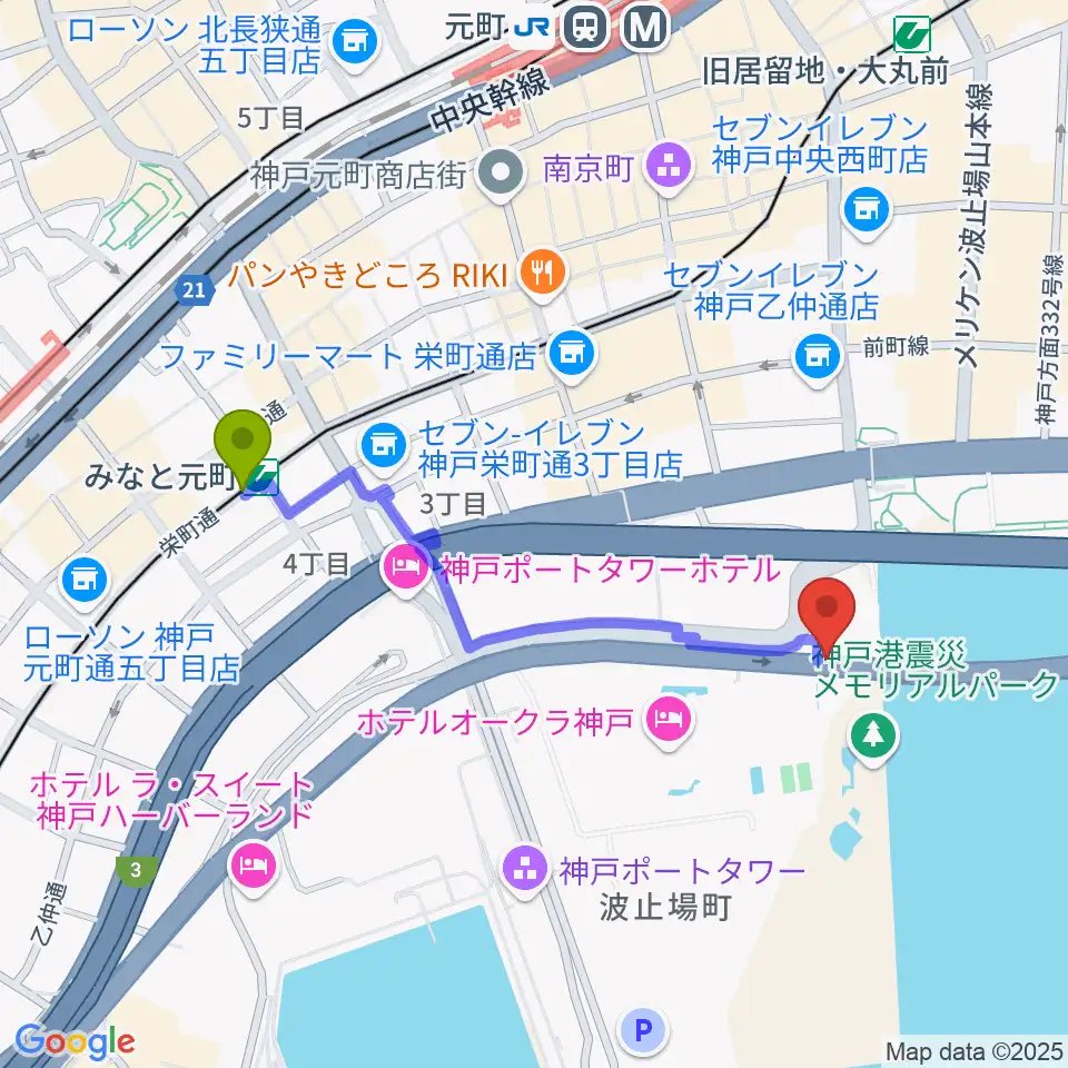 みなと元町駅からフィッシュダンス音楽練習場へのルートマップ地図