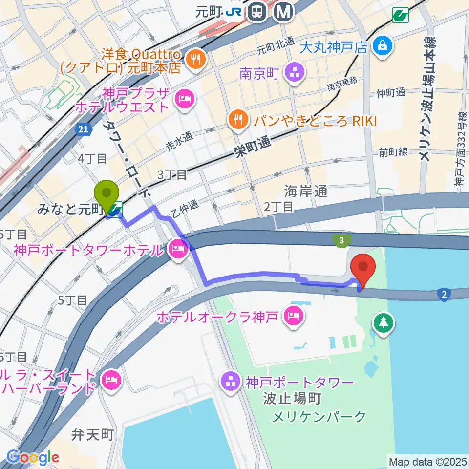 みなと元町駅からフィッシュダンス音楽練習場へのルートマップ地図