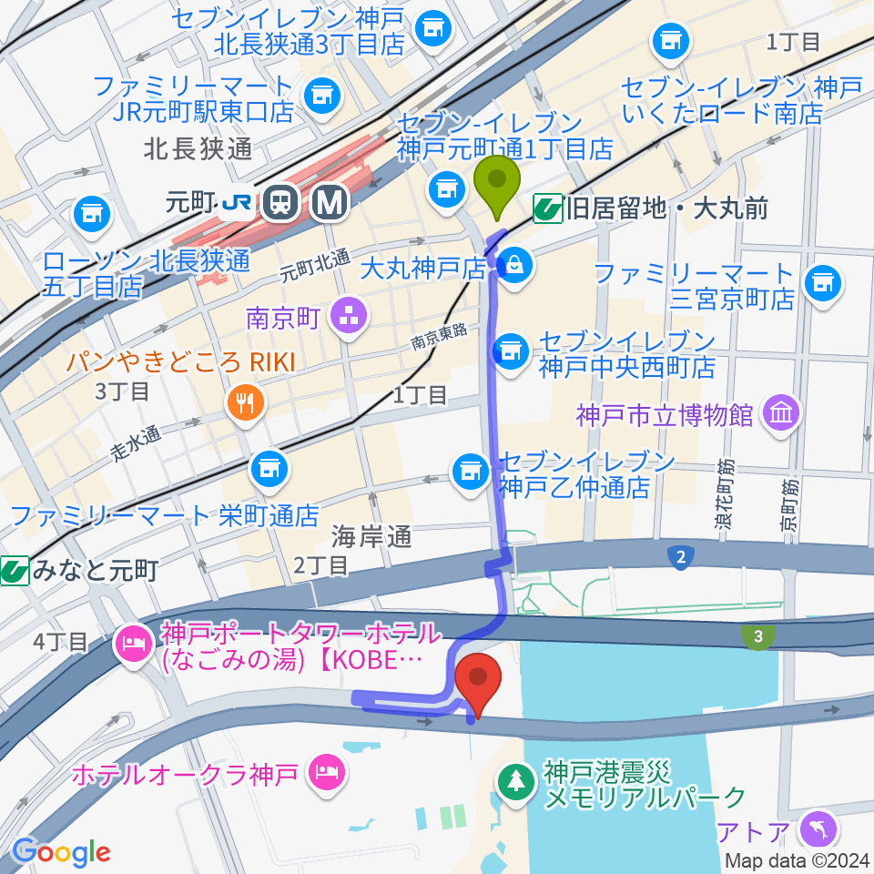 フィッシュダンス音楽練習場の最寄駅旧居留地・大丸前駅からの徒歩ルート（約9分）地図