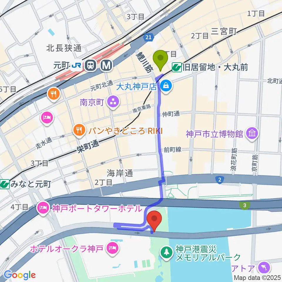 フィッシュダンス音楽練習場の最寄駅旧居留地・大丸前駅からの徒歩ルート（約9分）地図