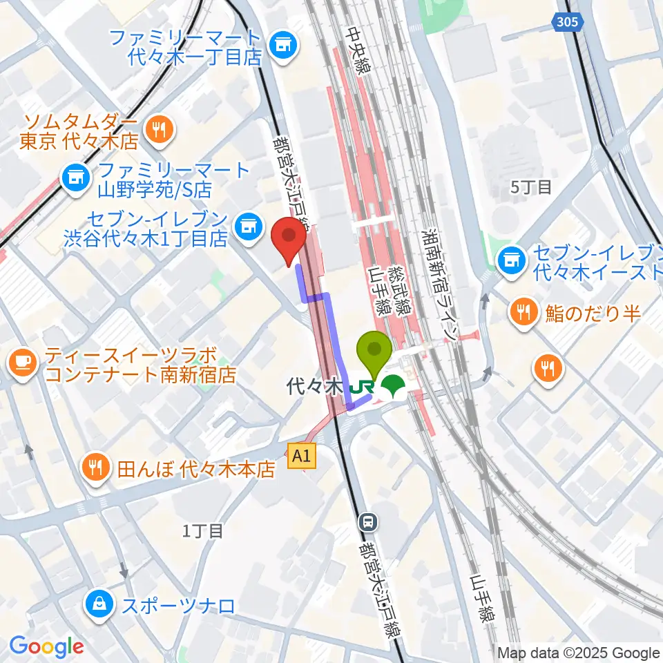festina-lente music schoolの最寄駅代々木駅からの徒歩ルート（約2分）地図