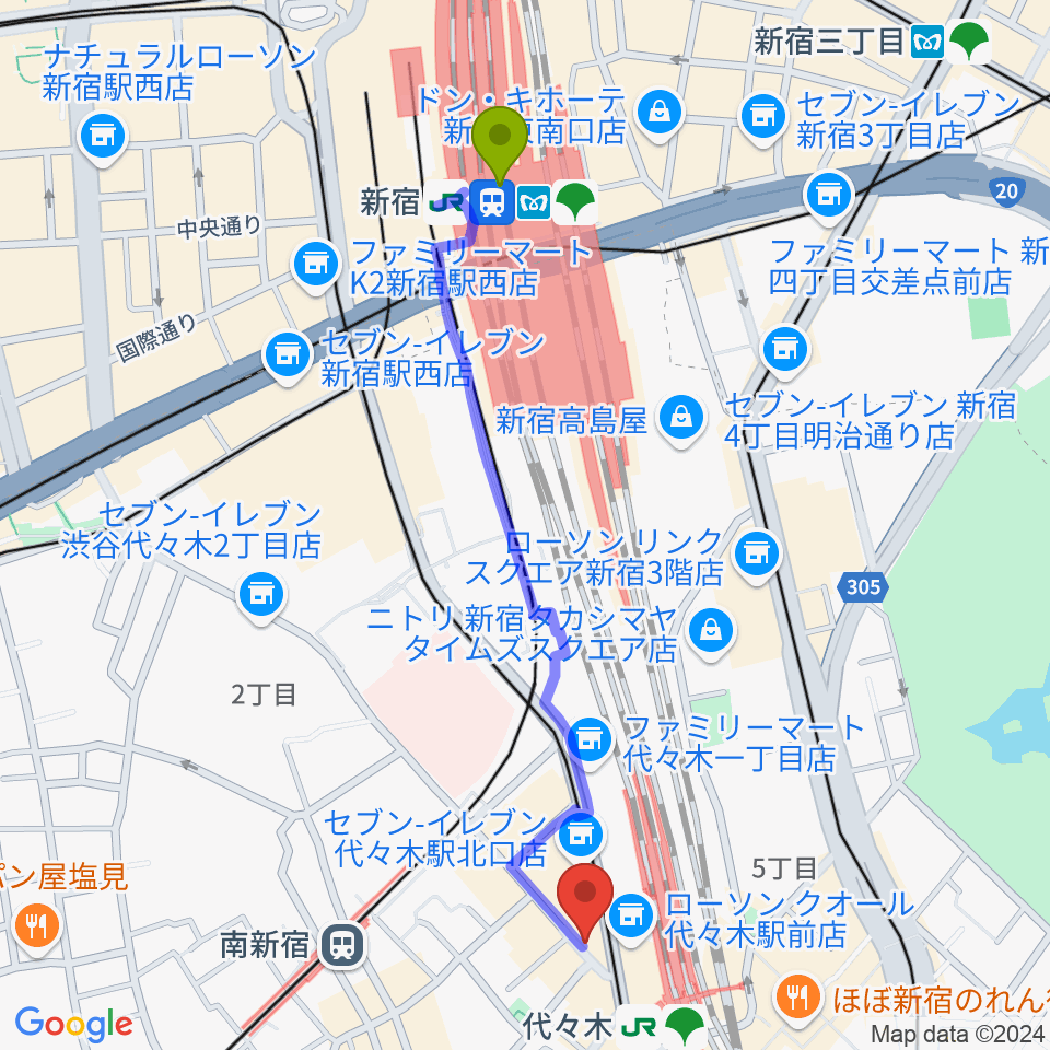 新宿駅からfestina-lente music schoolへのルートマップ地図