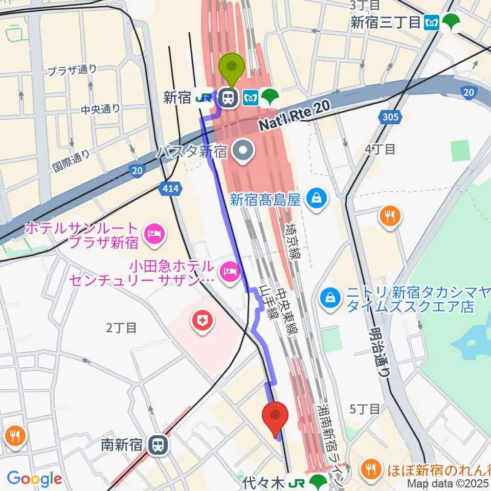 新宿駅からfestina-lente music schoolへのルートマップ地図