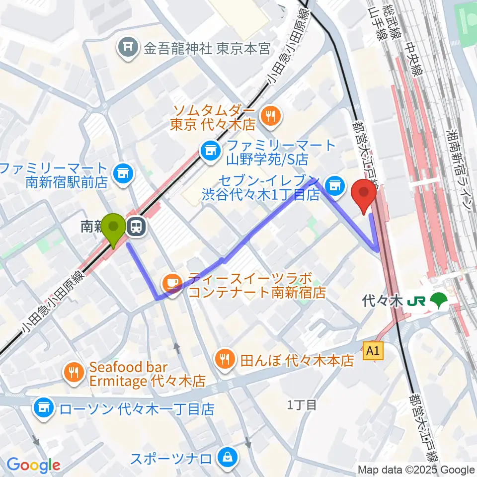 南新宿駅からfestina-lente music schoolへのルートマップ地図
