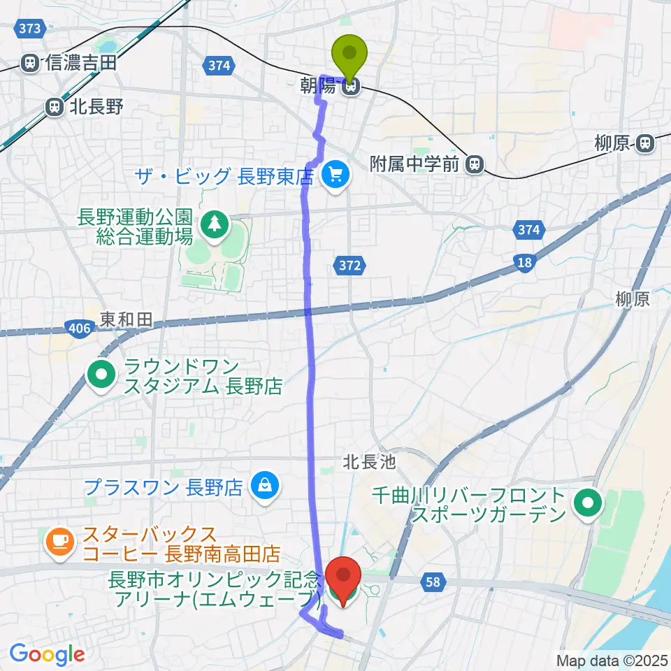 朝陽駅からエムウェーブへのルートマップ地図