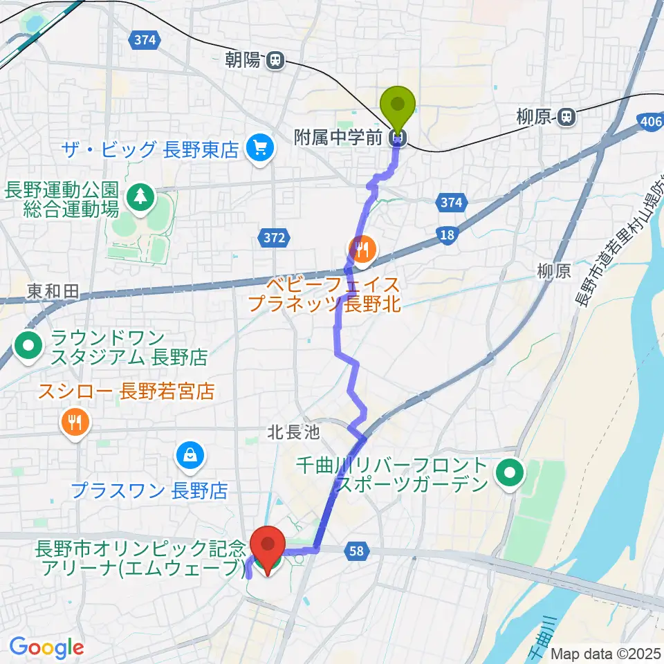 エムウェーブの最寄駅附属中学前駅からの徒歩ルート（約42分）地図