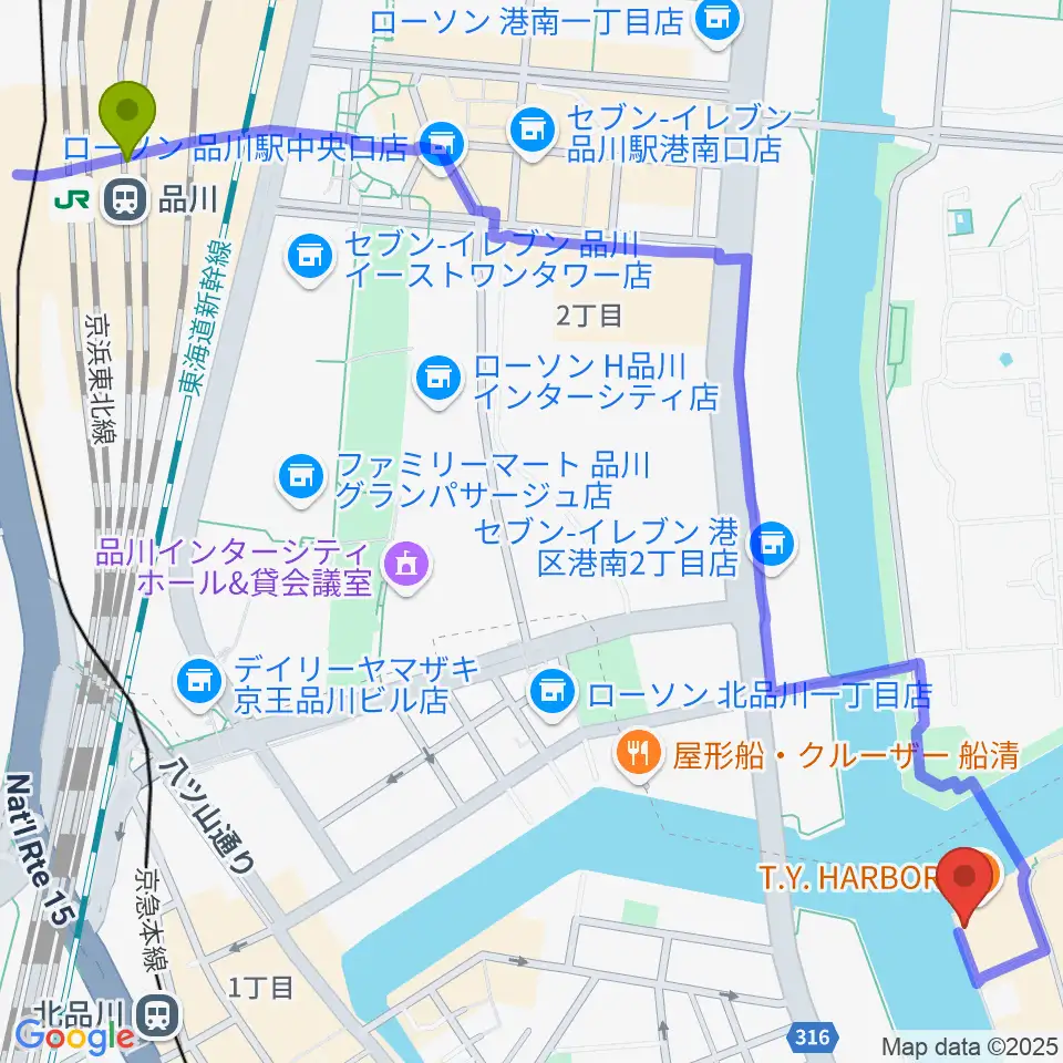 品川駅から寺田倉庫B&C HALLへのルートマップ地図