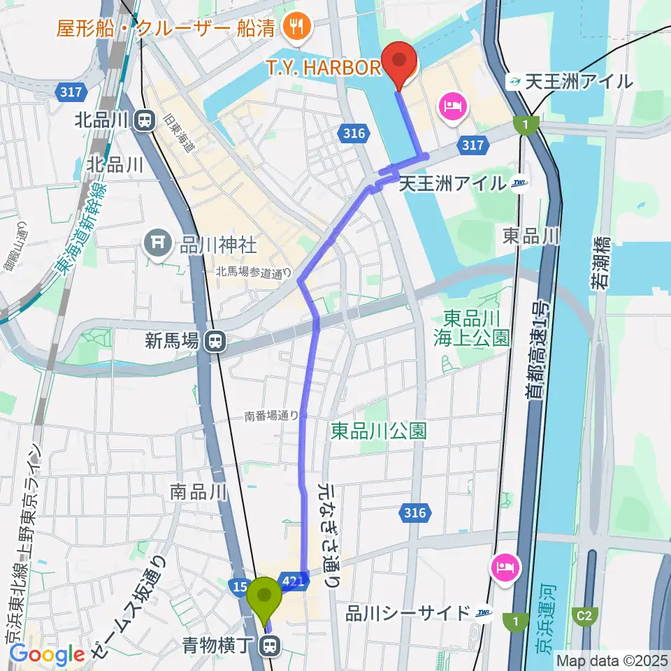青物横丁駅から寺田倉庫B&C HALLへのルートマップ地図