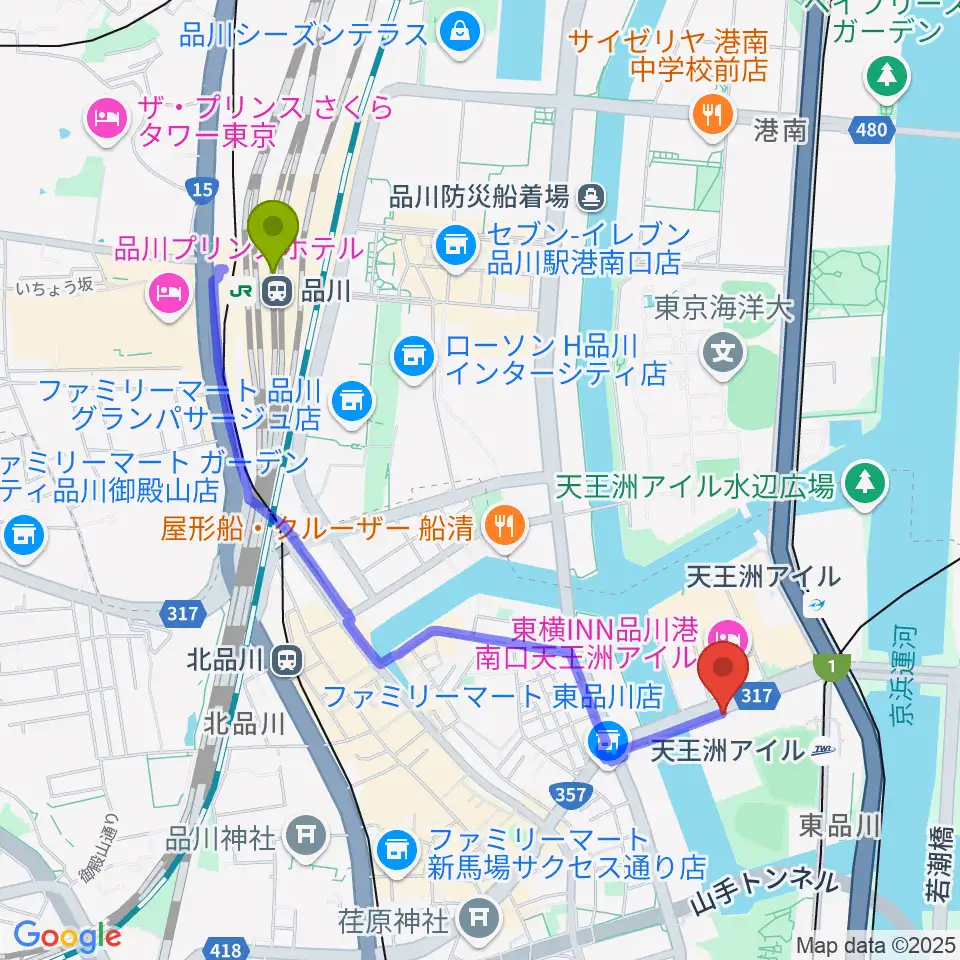 品川駅から寺田倉庫G3-6Fへのルートマップ地図