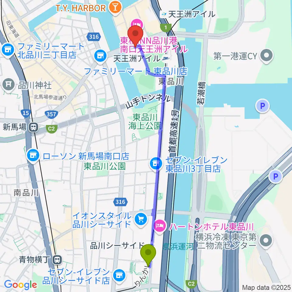 品川シーサイド駅から寺田倉庫G3-6Fへのルートマップ地図