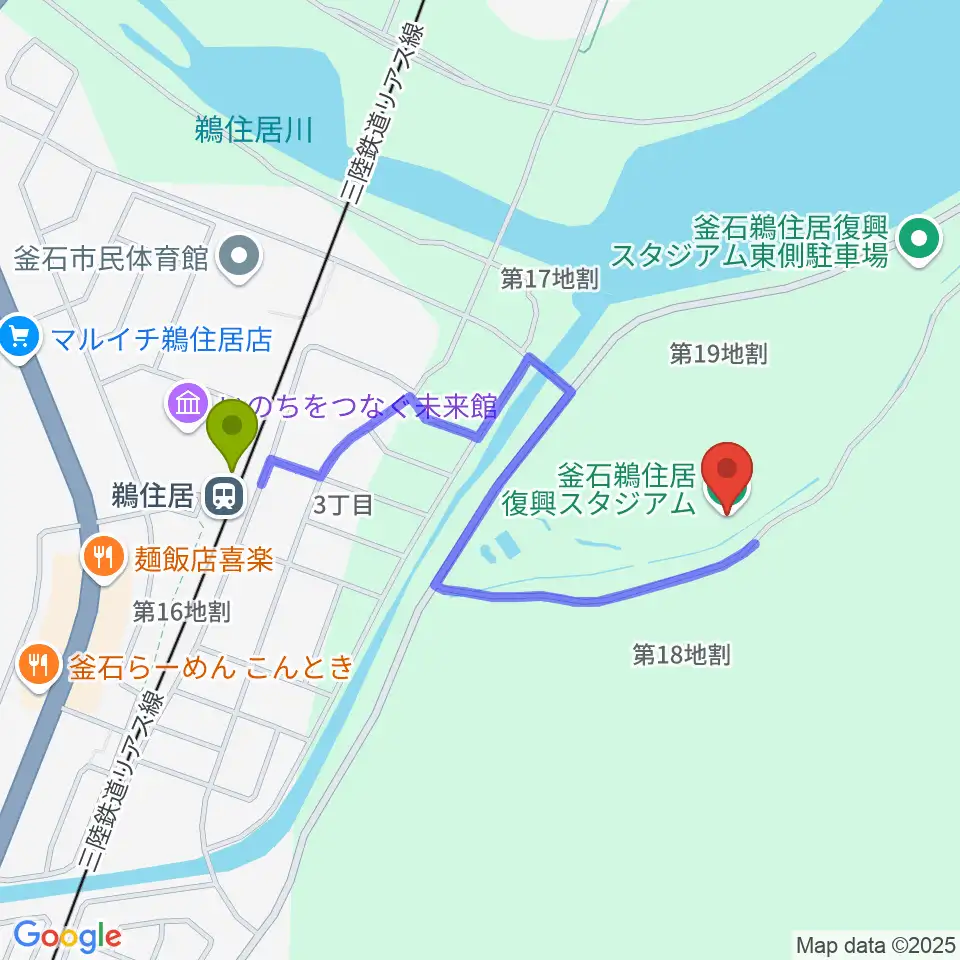 鵜住居駅から釜石鵜住居復興スタジアムへのルートマップ地図