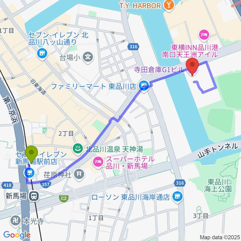 新馬場駅から寺田倉庫G1-5Fへのルートマップ地図