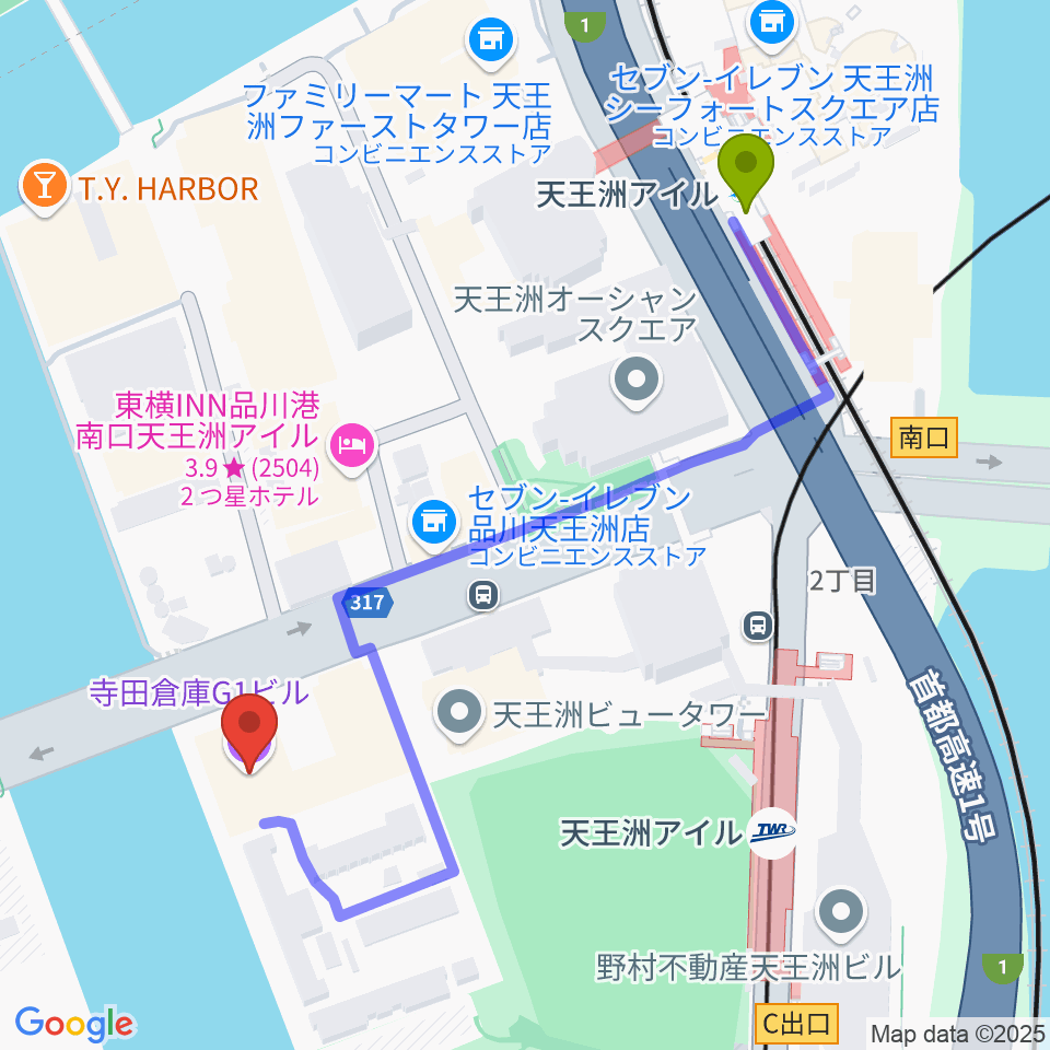 寺田倉庫G1-5Fの最寄駅天王洲アイル駅からの徒歩ルート（約6分）地図