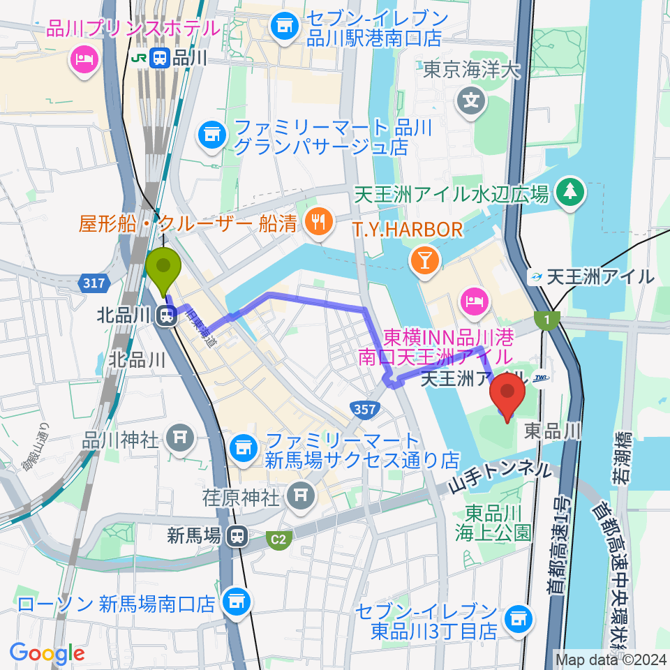 北品川駅から天王洲公園野球場へのルートマップ地図