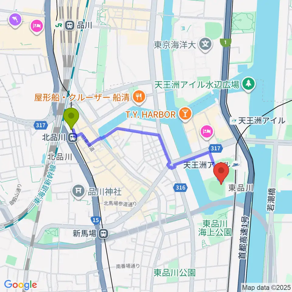 北品川駅から天王洲公園野球場へのルートマップ地図