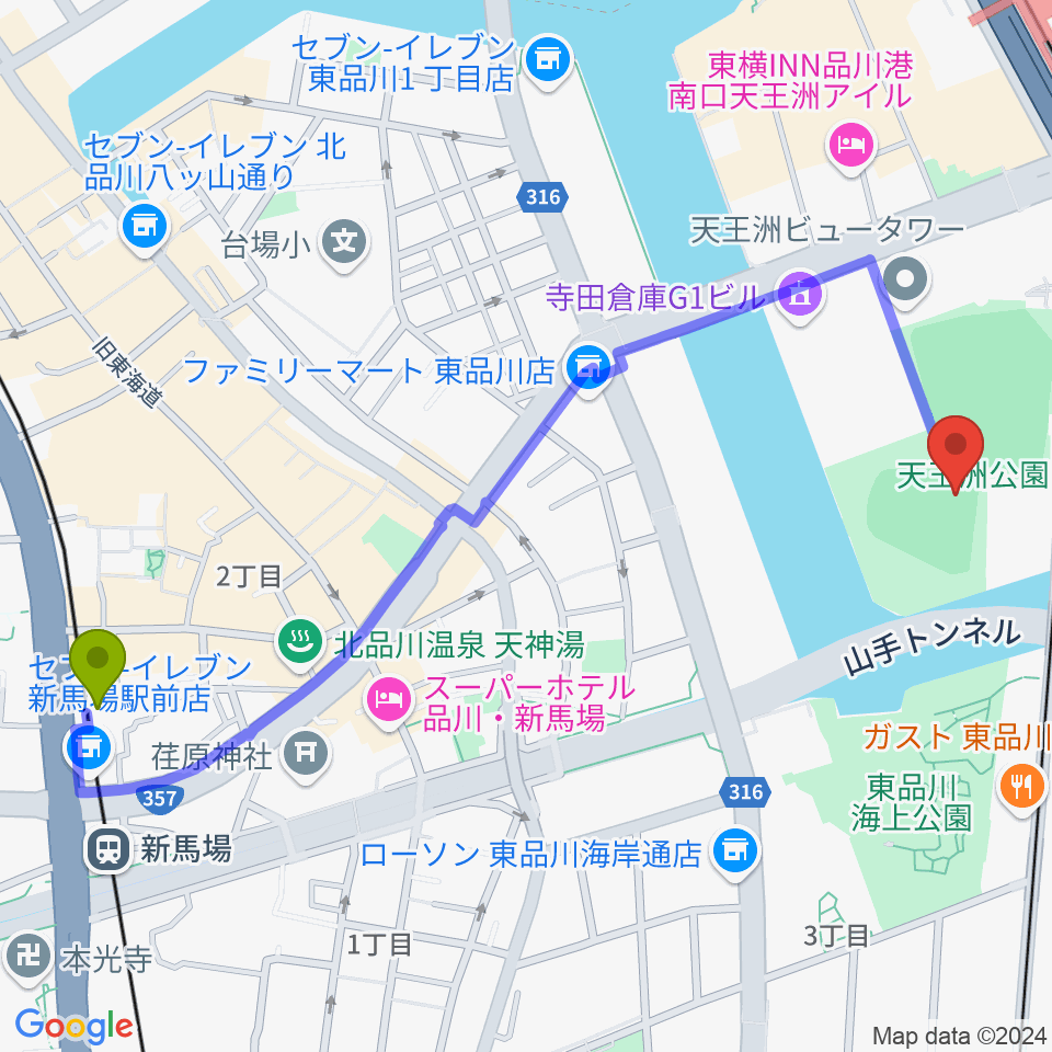 新馬場駅から天王洲公園野球場へのルートマップ地図