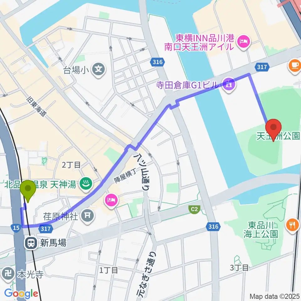 新馬場駅から天王洲公園野球場へのルートマップ地図