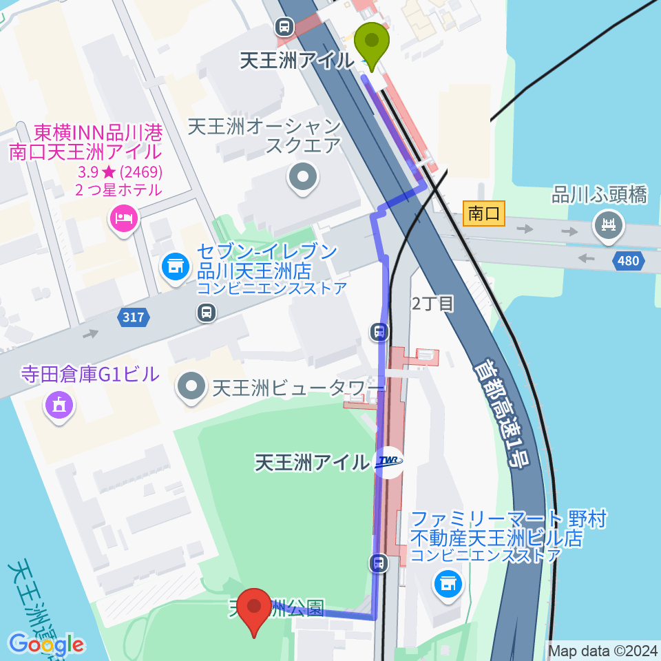 天王洲公園野球場の最寄駅天王洲アイル駅からの徒歩ルート（約7分）地図