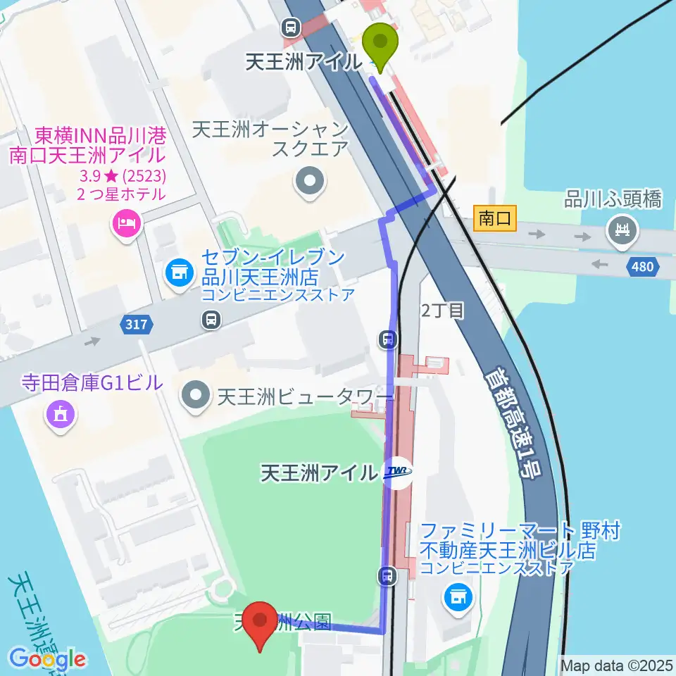 天王洲公園野球場の最寄駅天王洲アイル駅からの徒歩ルート（約7分）地図