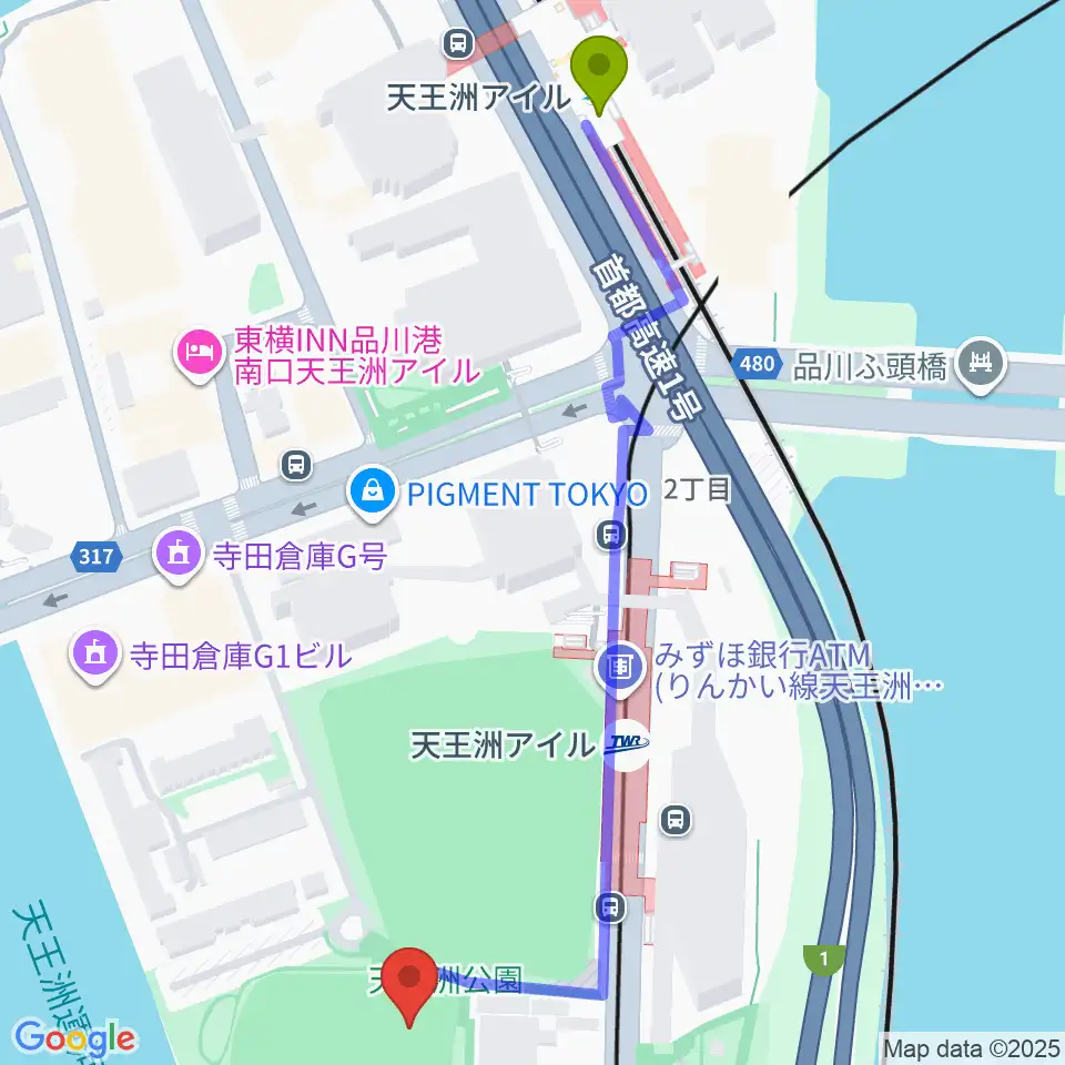 天王洲公園野球場の最寄駅天王洲アイル駅からの徒歩ルート（約7分）地図