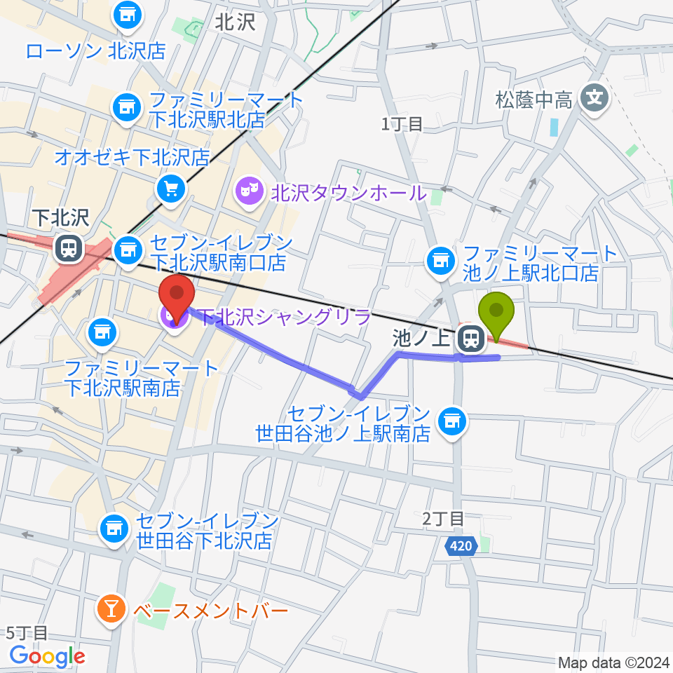 池ノ上駅からセカンドストリート楽器館下北沢店へのルートマップ地図