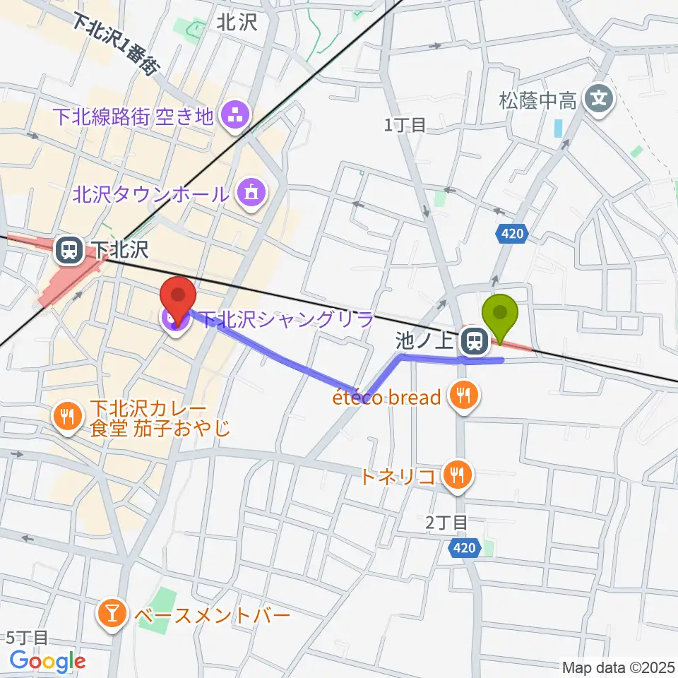 池ノ上駅からセカンドストリート楽器館下北沢店へのルートマップ地図