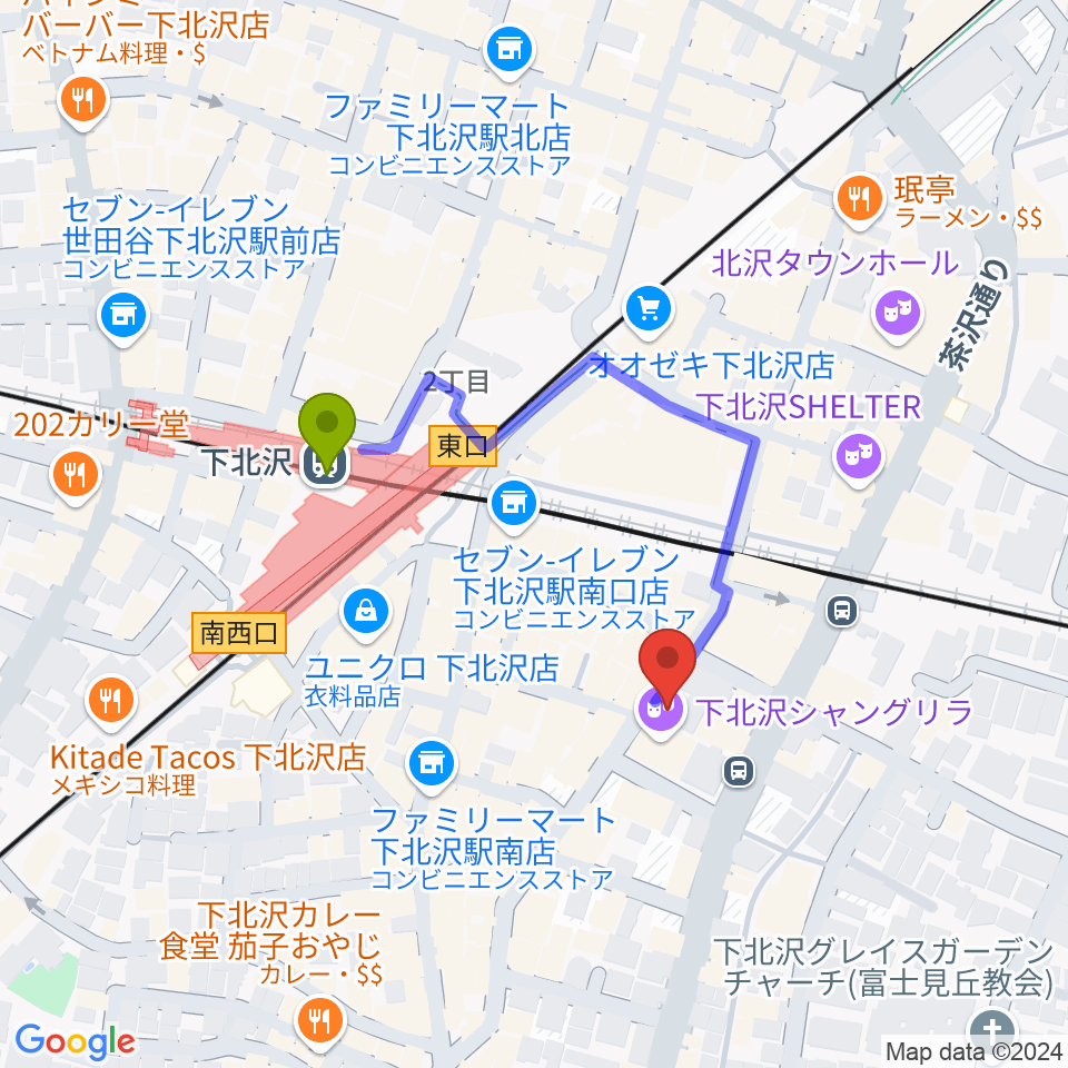 セカンドストリート楽器館下北沢店の最寄駅下北沢駅からの徒歩ルート（約3分）地図