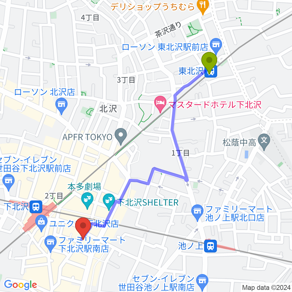 東北沢駅からセカンドストリート楽器館下北沢店へのルートマップ地図
