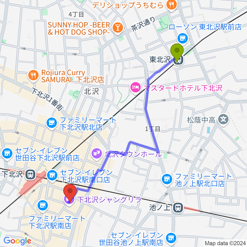 東北沢駅からセカンドストリート楽器館下北沢店へのルートマップ地図