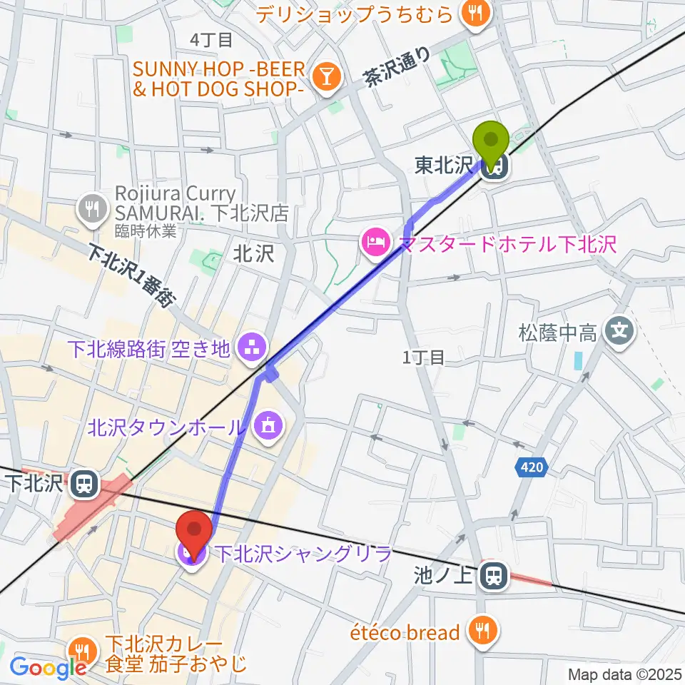 東北沢駅からセカンドストリート楽器館下北沢店へのルートマップ地図