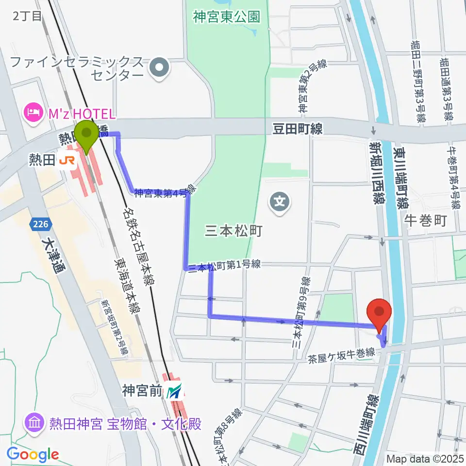 熱田駅から神宮前レコーディングスタジオへのルートマップ地図