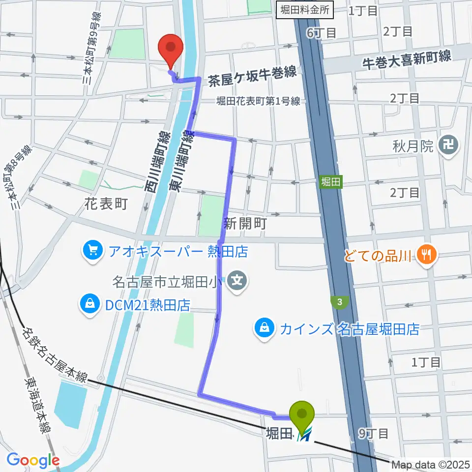 堀田駅から神宮前レコーディングスタジオへのルートマップ地図
