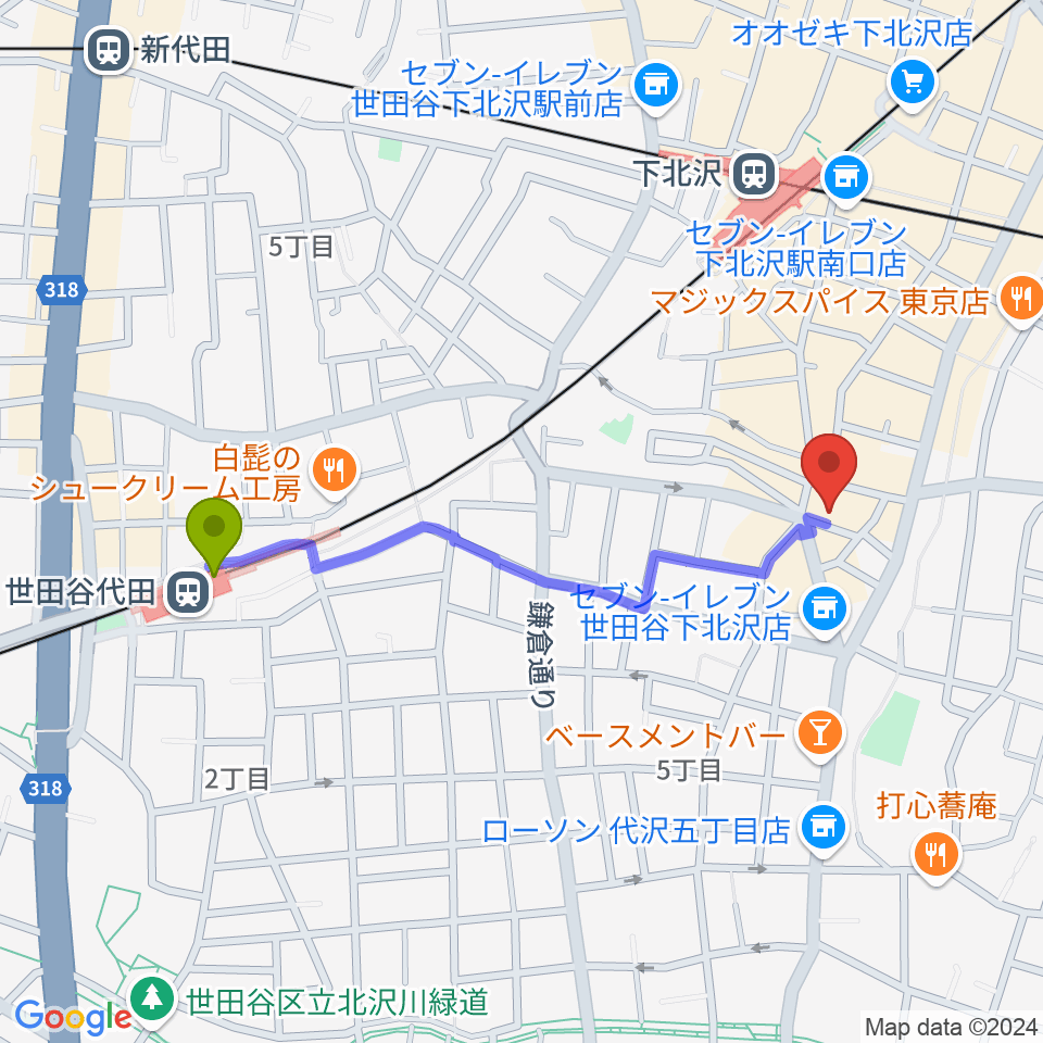 世田谷代田駅から下北沢トリウッドへのルートマップ地図