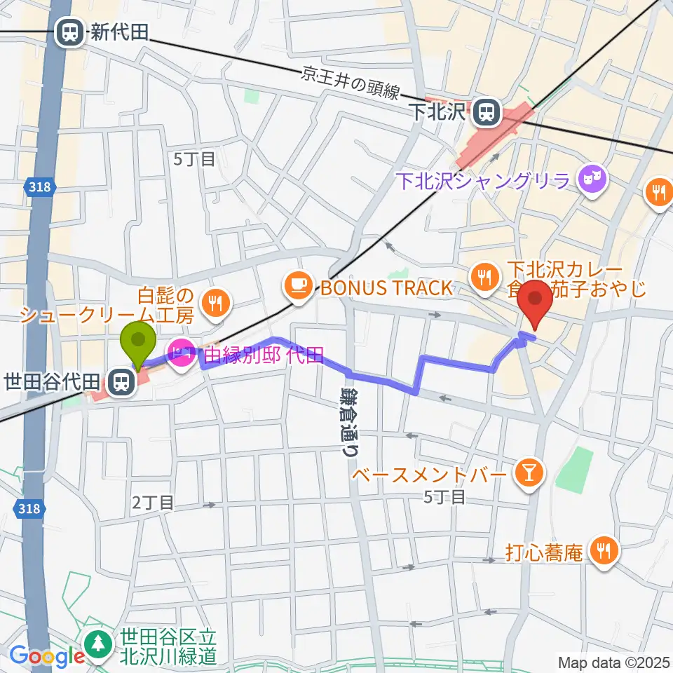 世田谷代田駅から下北沢トリウッドへのルートマップ地図