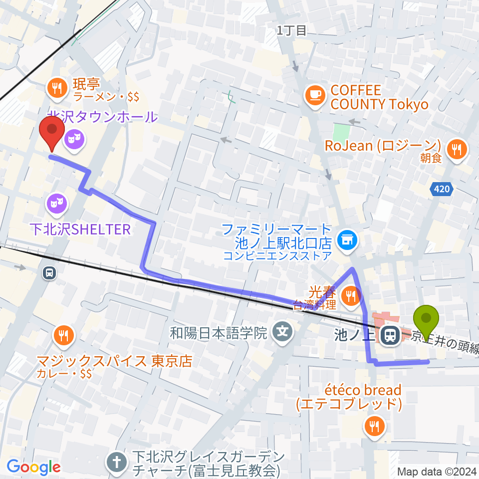 池ノ上駅からGeneral Record Storeへのルートマップ地図