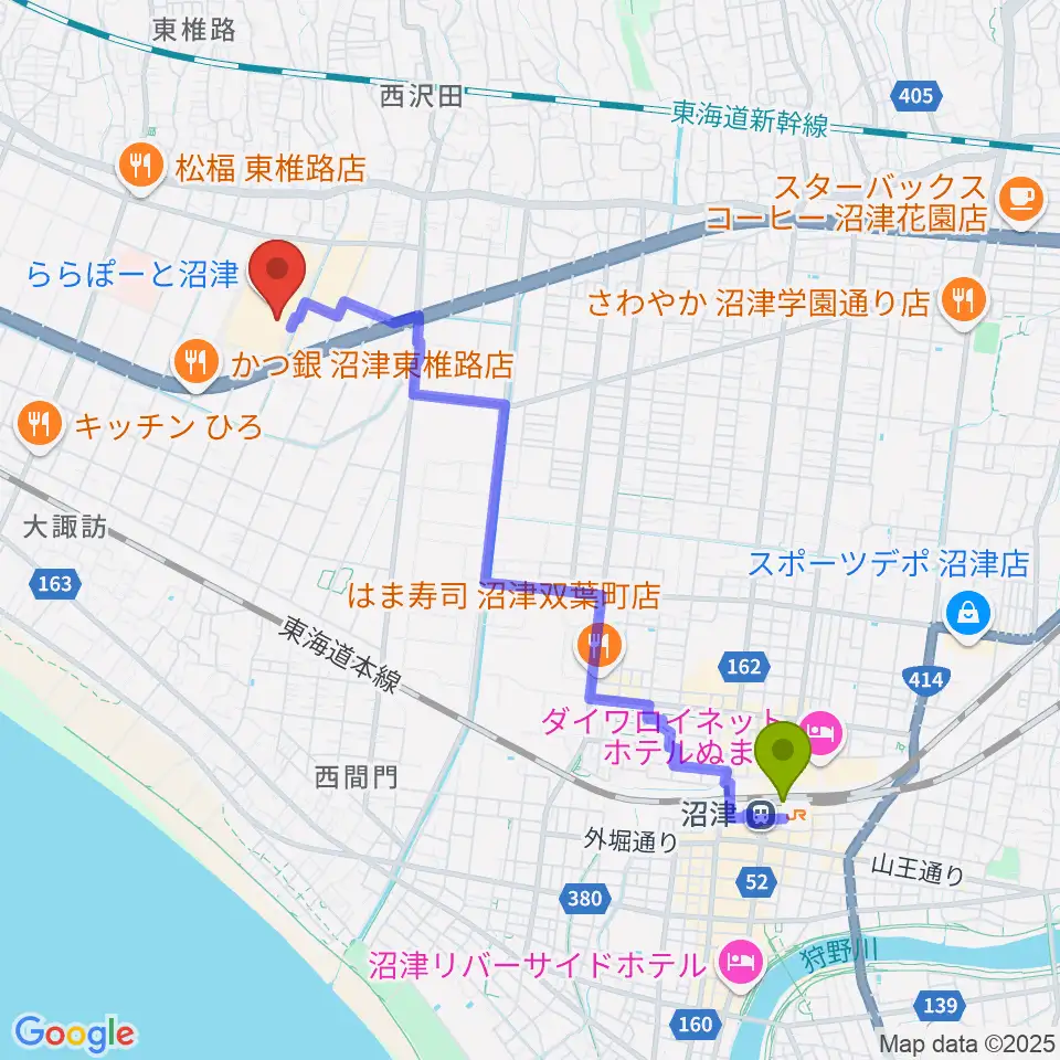 沼津駅からシネマサンシャインららぽーと沼津へのルートマップ地図