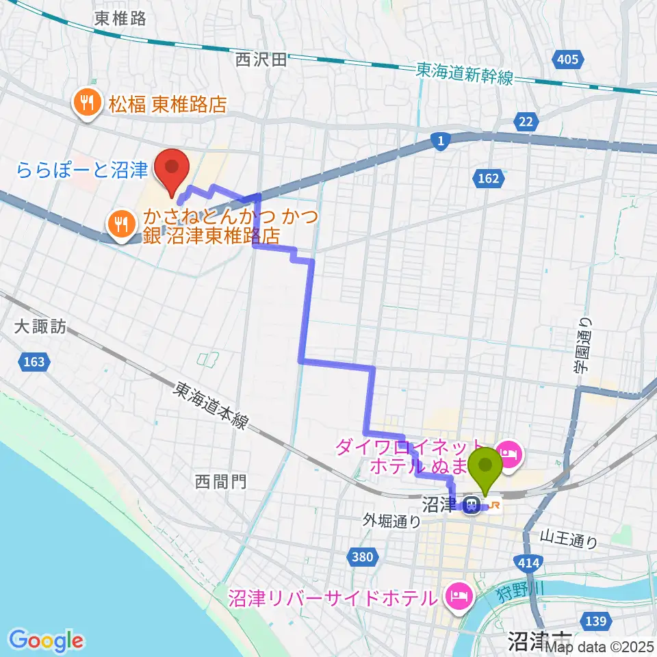 沼津駅からシネマサンシャインららぽーと沼津へのルートマップ地図