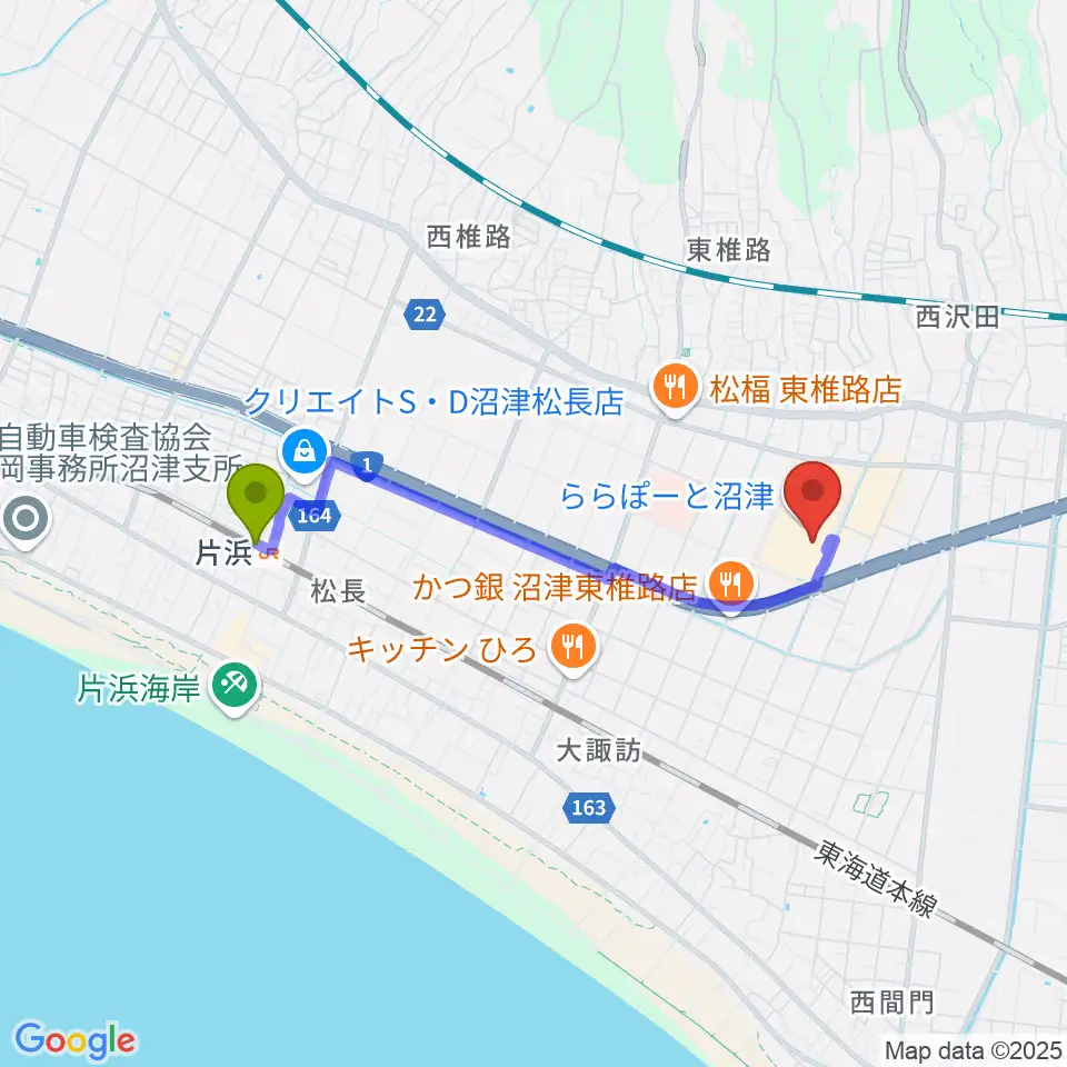 シネマサンシャインららぽーと沼津の最寄駅片浜駅からの徒歩ルート（約33分）地図