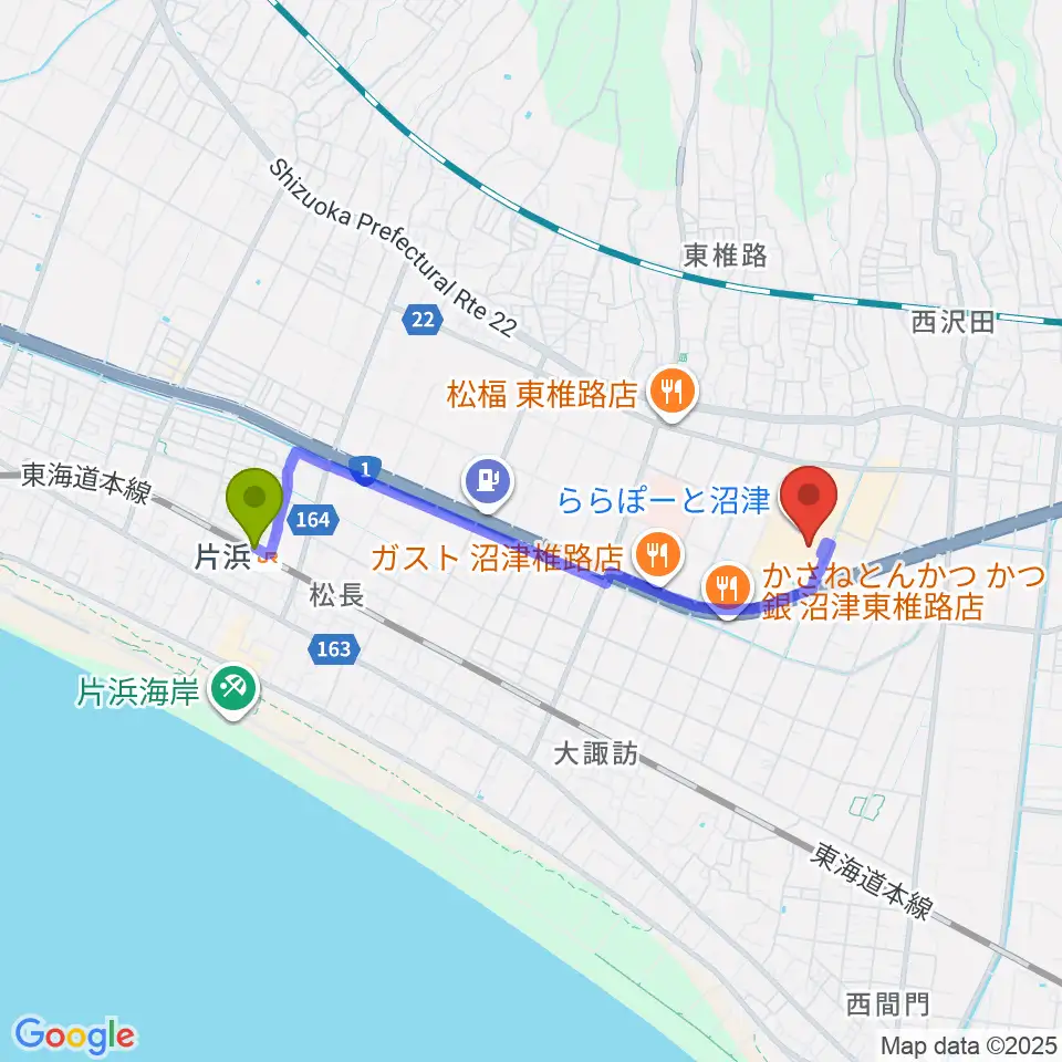 シネマサンシャインららぽーと沼津の最寄駅片浜駅からの徒歩ルート（約33分）地図