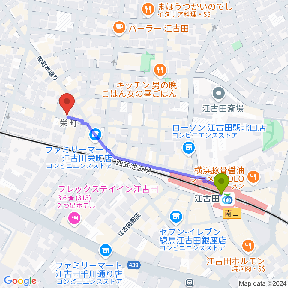 江古田駅から江古田管楽器修理工房へのルートマップ地図