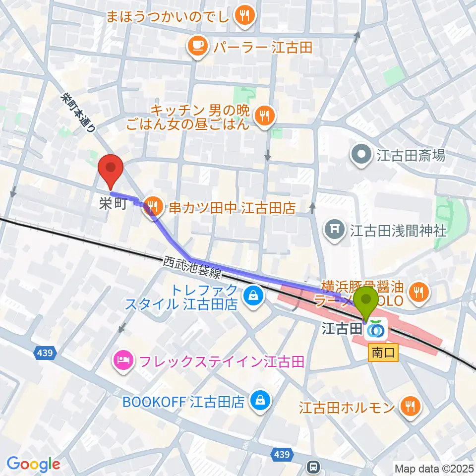 江古田駅から江古田管楽器修理工房へのルートマップ地図