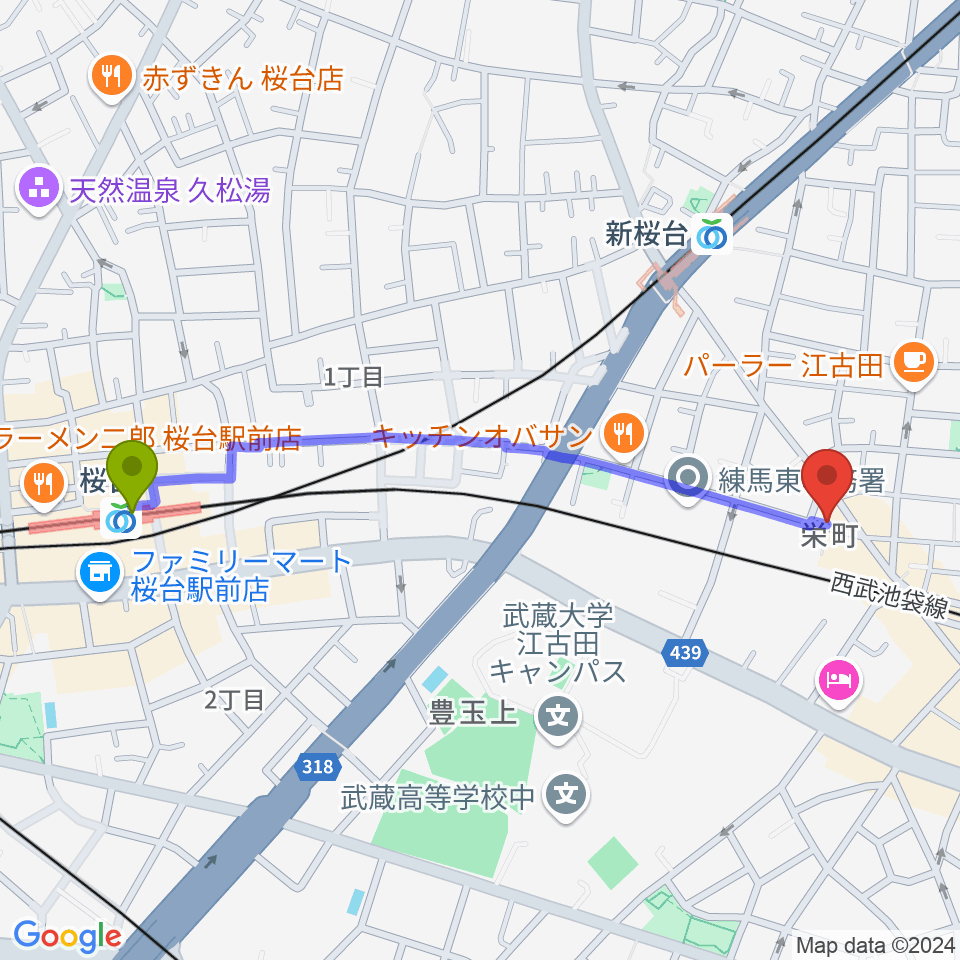 桜台駅から江古田管楽器修理工房へのルートマップ地図