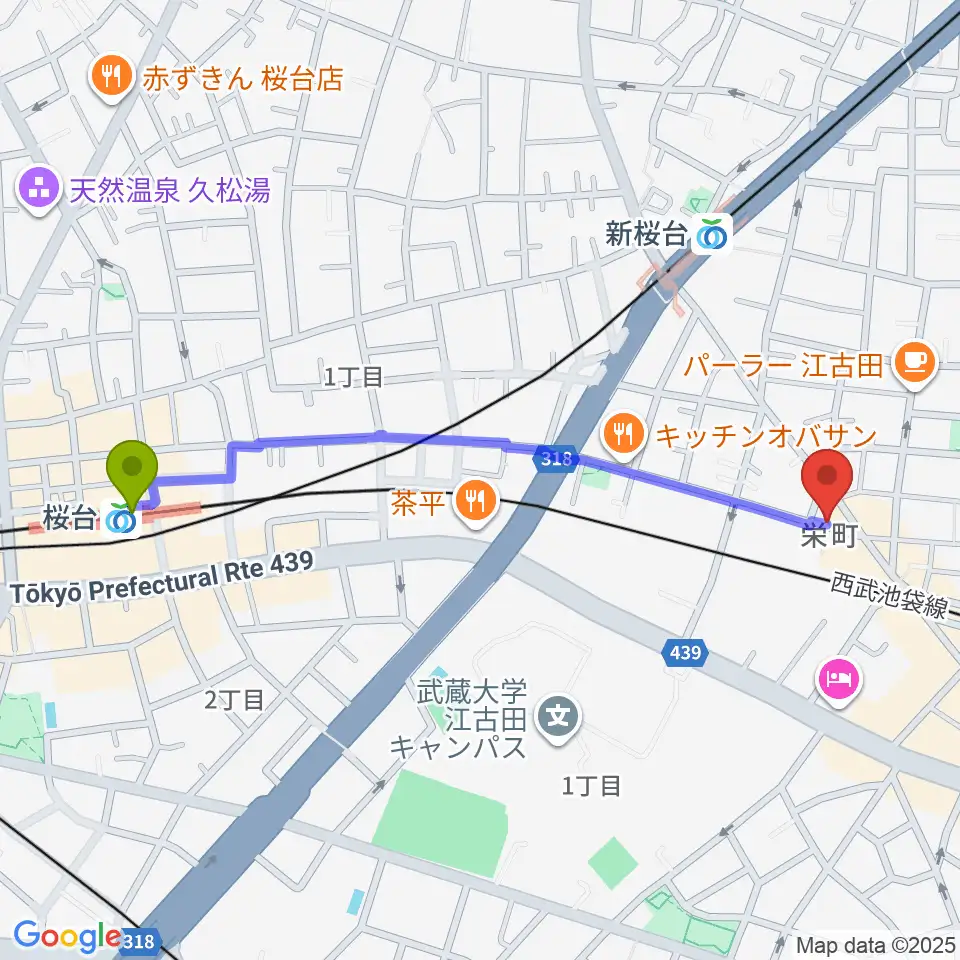 桜台駅から江古田管楽器修理工房へのルートマップ地図