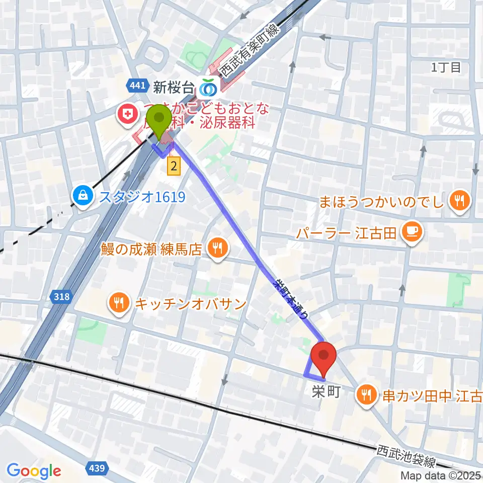 江古田管楽器修理工房の最寄駅新桜台駅からの徒歩ルート（約5分）地図