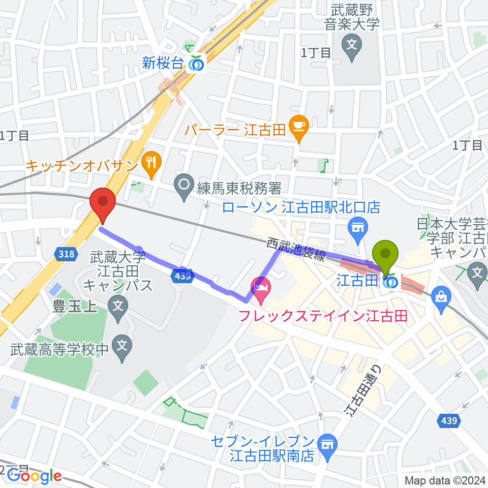 江古田駅から音楽教室ふわり 桜台校へのルートマップ地図