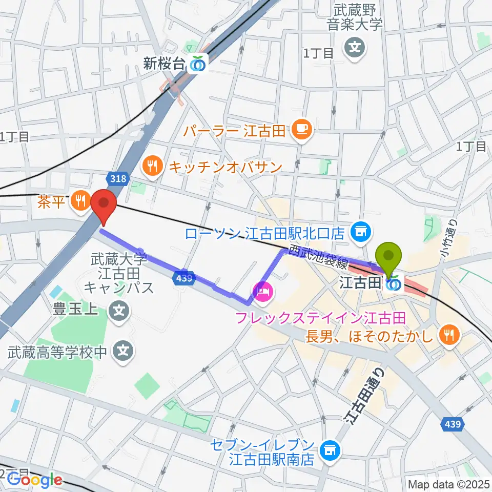 江古田駅から音楽教室ふわり 桜台校へのルートマップ地図