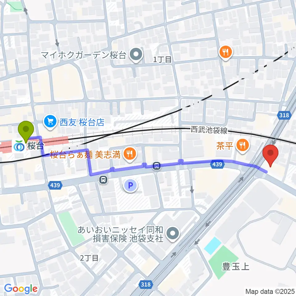 桜台駅から音楽教室ふわり 桜台校へのルートマップ地図