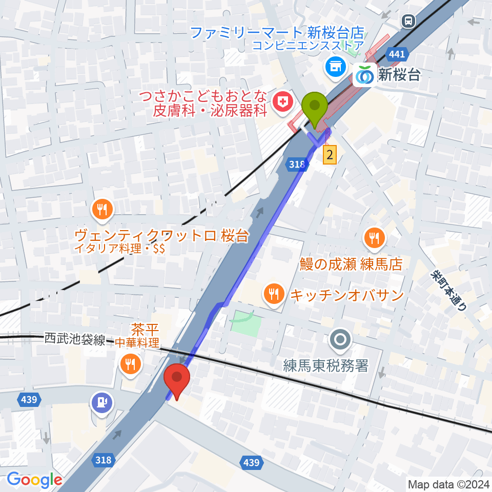 音楽教室ふわり 桜台校の最寄駅新桜台駅からの徒歩ルート（約5分）地図